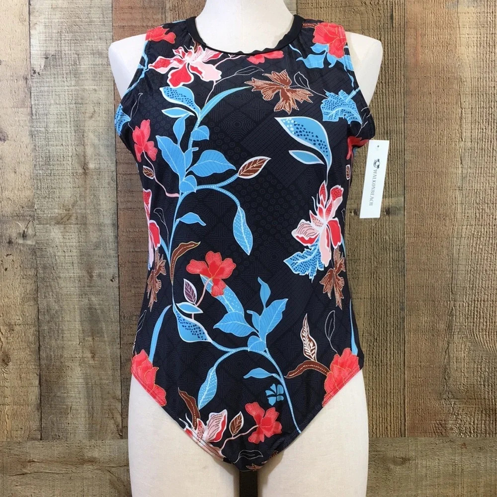 Walk On Beach‎ Swimwear Womens Large Black Blue Floral Keyhole Back One Piece